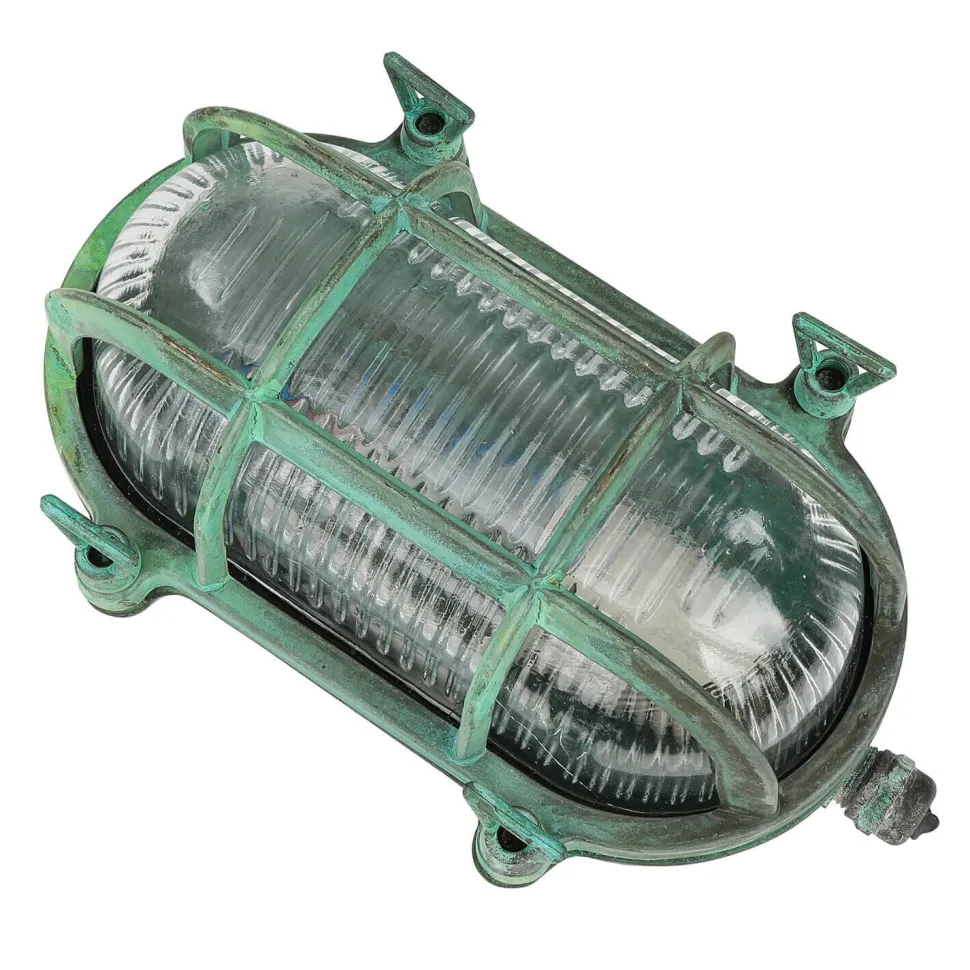 Außenlampe Wand Messing Glas IP64 E27 Maritim Grün antik