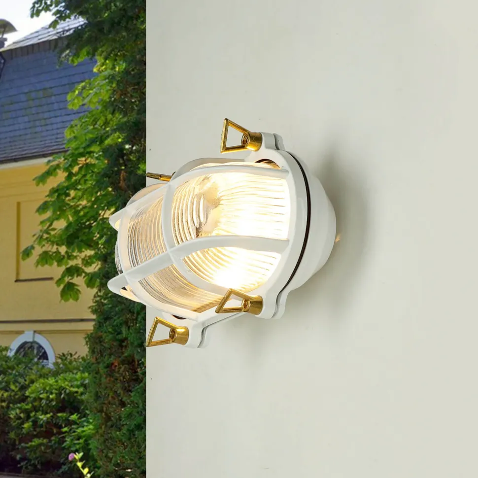 Außenwandleuchte Messing Riffelglas Maritim Weiß