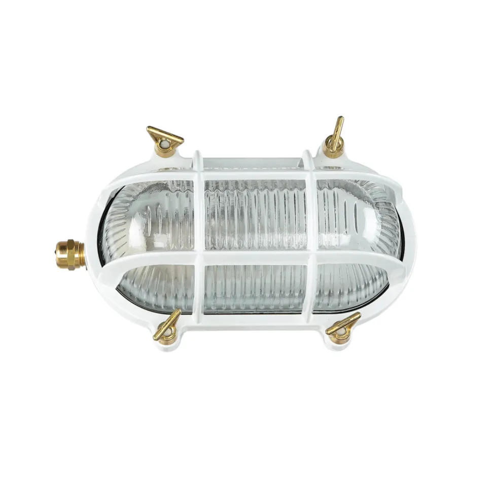 Außenwandleuchte Messing Riffelglas Maritim Weiß