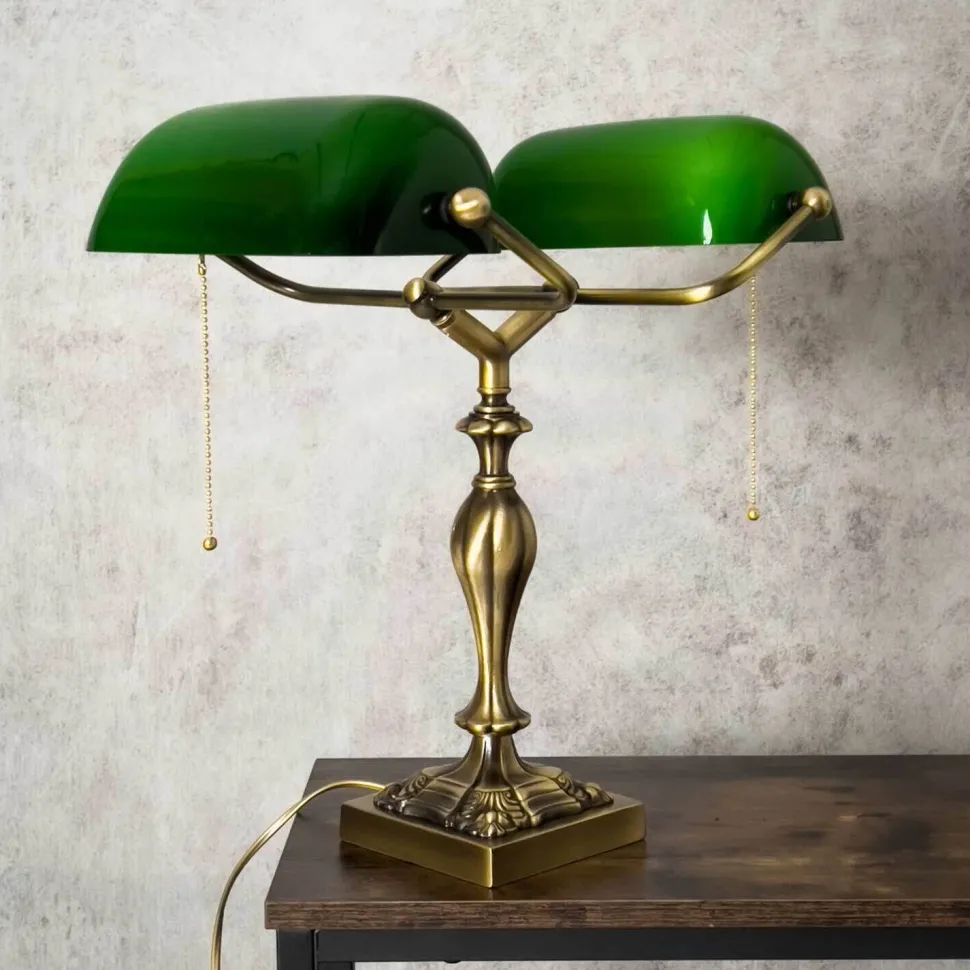 Bankerlampe 42,5 cm 2-flammig E27 Echt-Messing Zugschalter