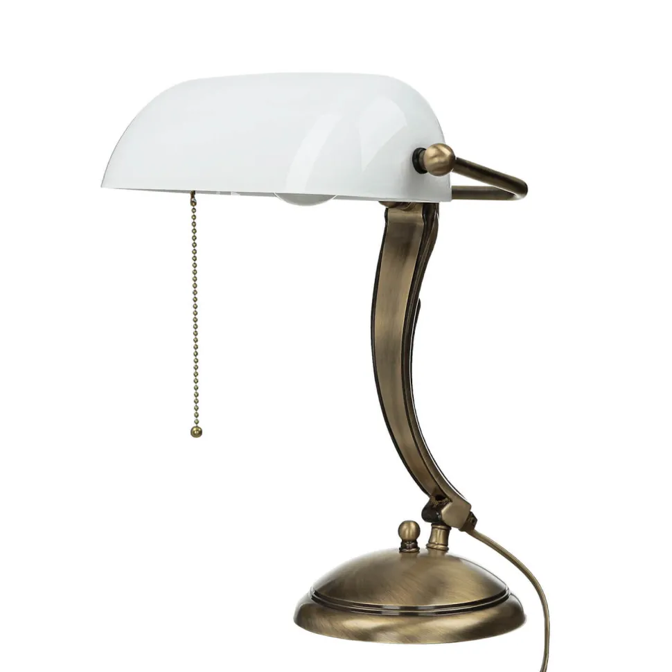 Bankerlampe Bronze aus Messing mit Schirm Weiß