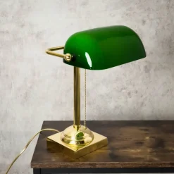 Bankerlampe E27 34 cm Messing Glas Zugschalter schwenkbar