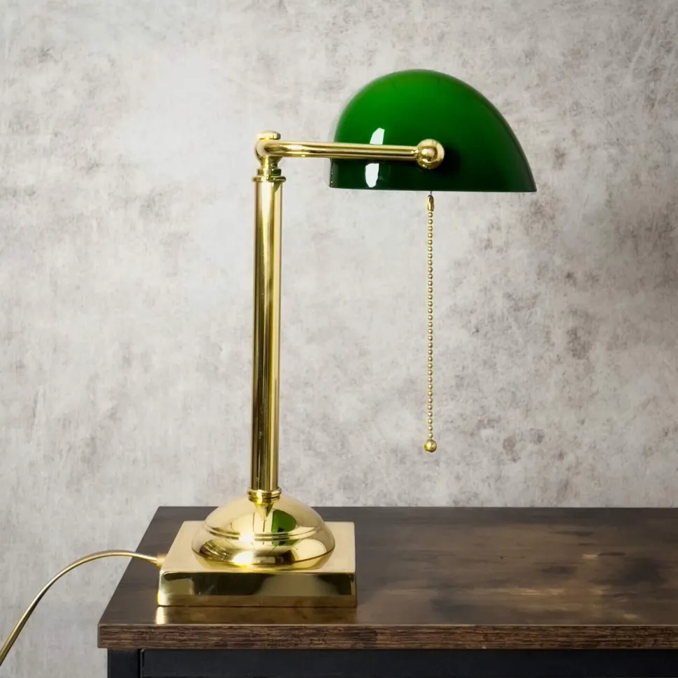 Bankerlampe E27 34 cm Messing Glas Zugschalter schwenkbar