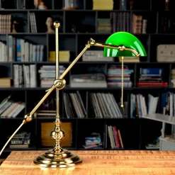 Bankerlampe Grün aus Echt Messing Poliert