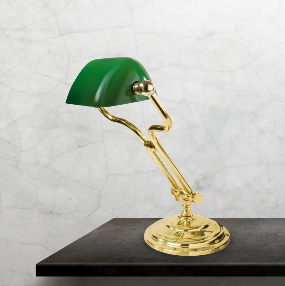 Bankerlampe Grün H: 35 cm verstellbar Echt-Messing Glas E14