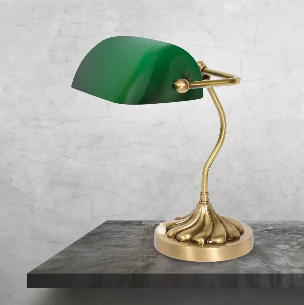 Bankerlampe in Bronze hell Grün E27 29 cm Glas Messing