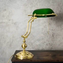 Bankerlampe Zugschalter 38 cm E27 Messing Glas Grün