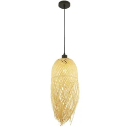 Boho Pendelleuchte Holz Bambus Ø 20 cm für E27 Natur Schwarz
