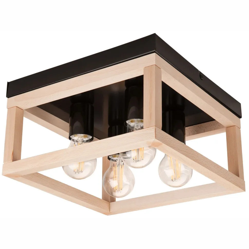 Deckenlampe eckig Schwarz Natur Holz Metall B: 30 cm
