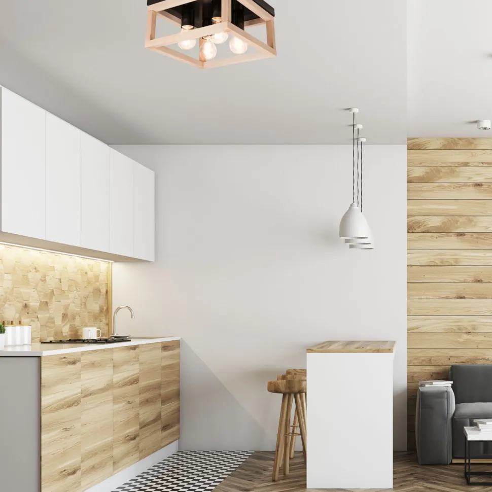 Deckenlampe eckig Schwarz Natur Holz Metall B: 30 cm