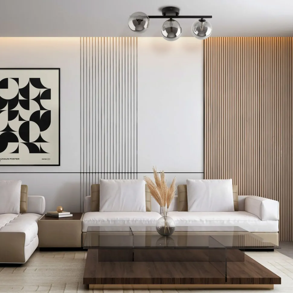 Deckenlampe 3-flammig 47 cm lang Schwarz Grau G9 Rauchglas