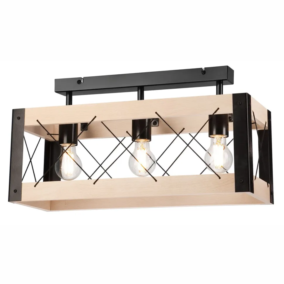 Deckenlampe Holz Metall Rustikal 3-flammig E27 Schwarz Natur