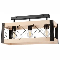 Deckenlampe Holz Metall Rustikal 3-flammig E27 Schwarz Natur