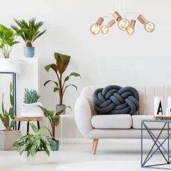 Deckenlampe Metall Holz Weiß 5-flammig E27 B: 44 cm Retro