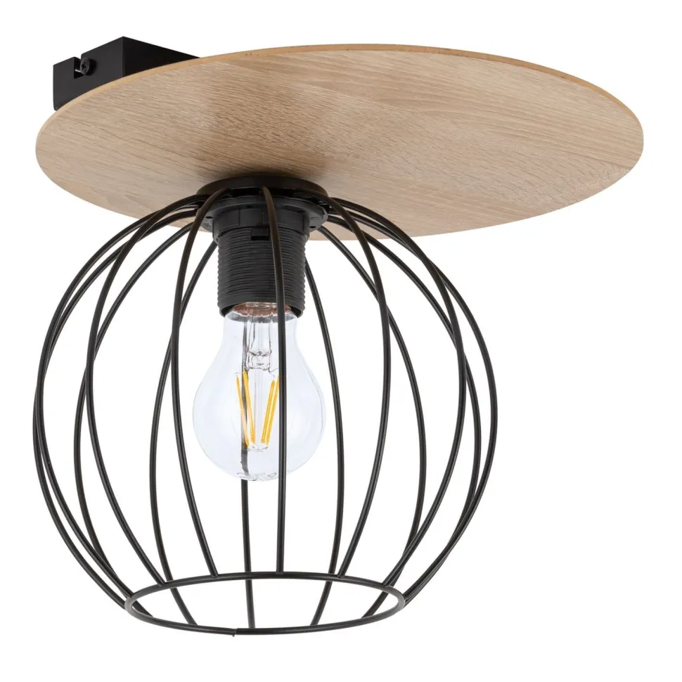 Deckenlampe Schwarz Natur E27 Holz Metall Kugelschirm