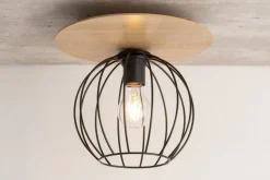 Deckenlampe Schwarz Natur E27 Holz Metall Kugelschirm
