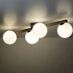 Deckenleuchte Glas Metall Holz 65 cm lang Weiß Braun 4x G9