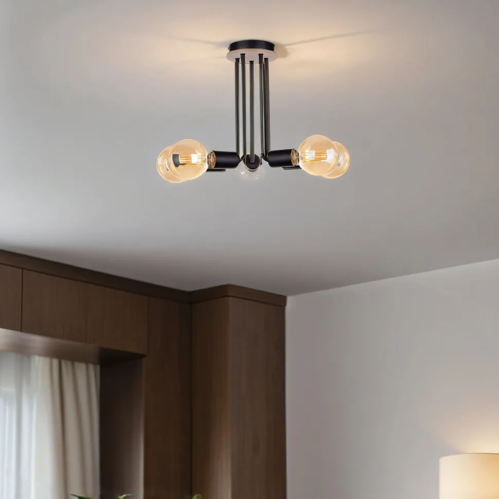 Deckenleuchte Schwarz Metall Holz E27 5-flammig