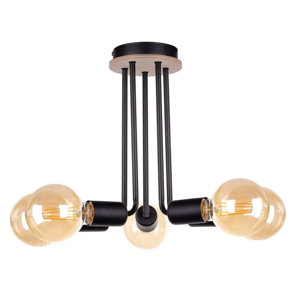 Deckenleuchte Schwarz Metall Holz E27 5-flammig