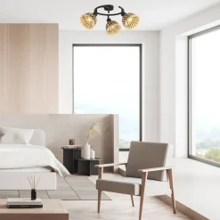 Deckenspot 3-flammig Ø 46 cm Schwarz Natur E14 Holz Metall