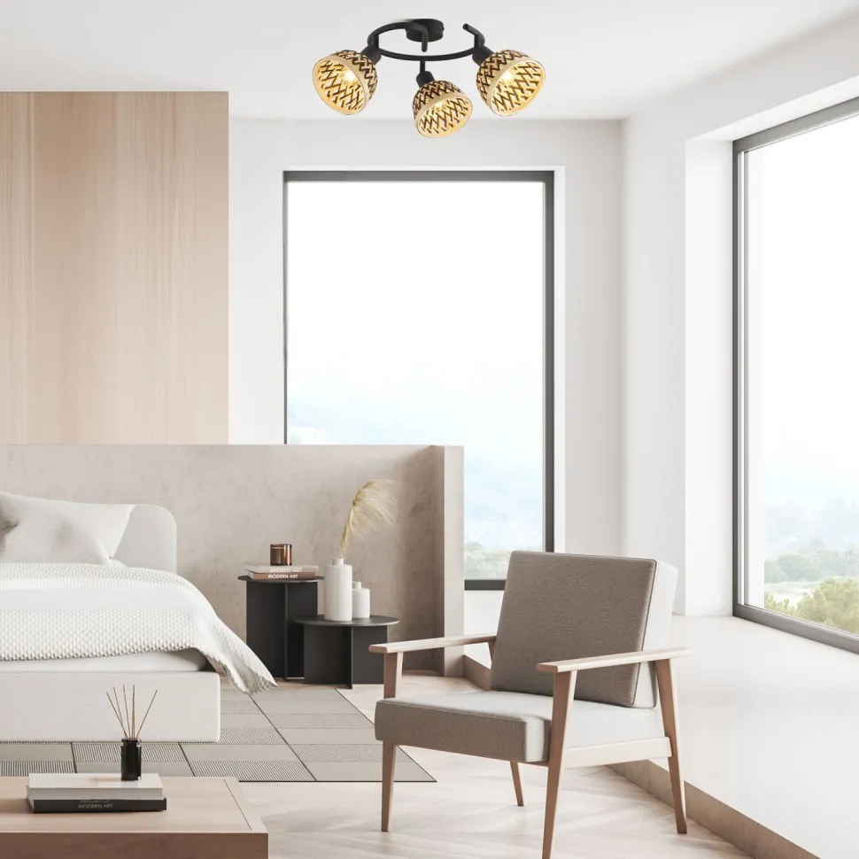 Deckenspot 3-flammig Ø 46 cm Schwarz Natur E14 Holz Metall