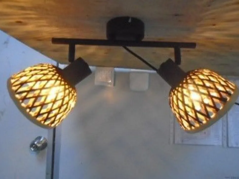 Deckenspot 2-flammig E14 Schwarz Natur Bambus Holz Metall