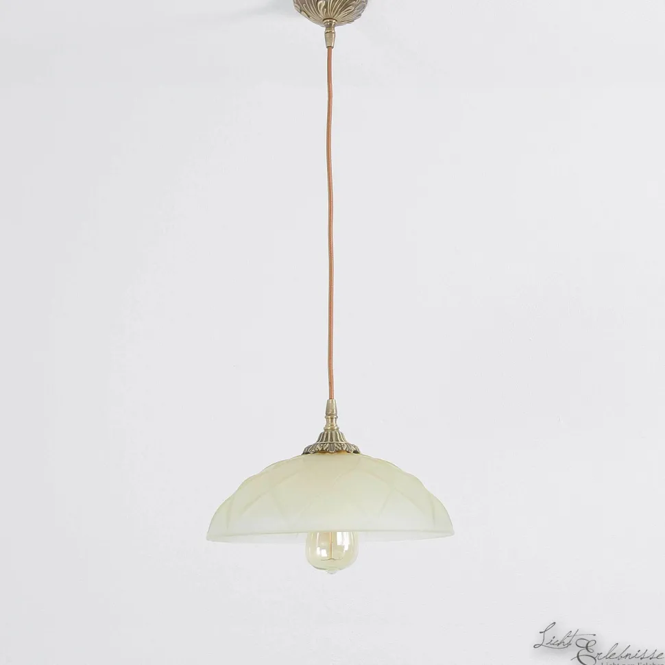 Echt-Messing Hängelampe mit Ornament & Glasschirm