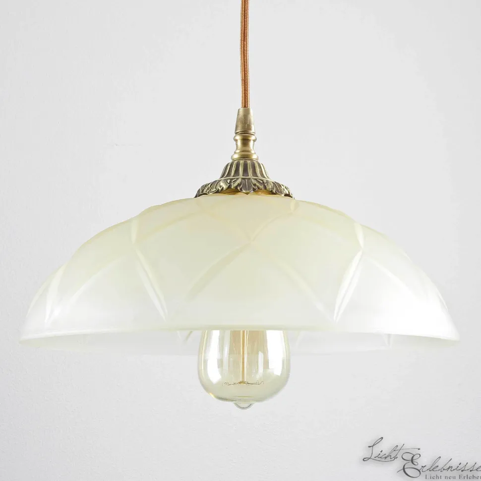 Echt-Messing Hängelampe mit Ornament & Glasschirm