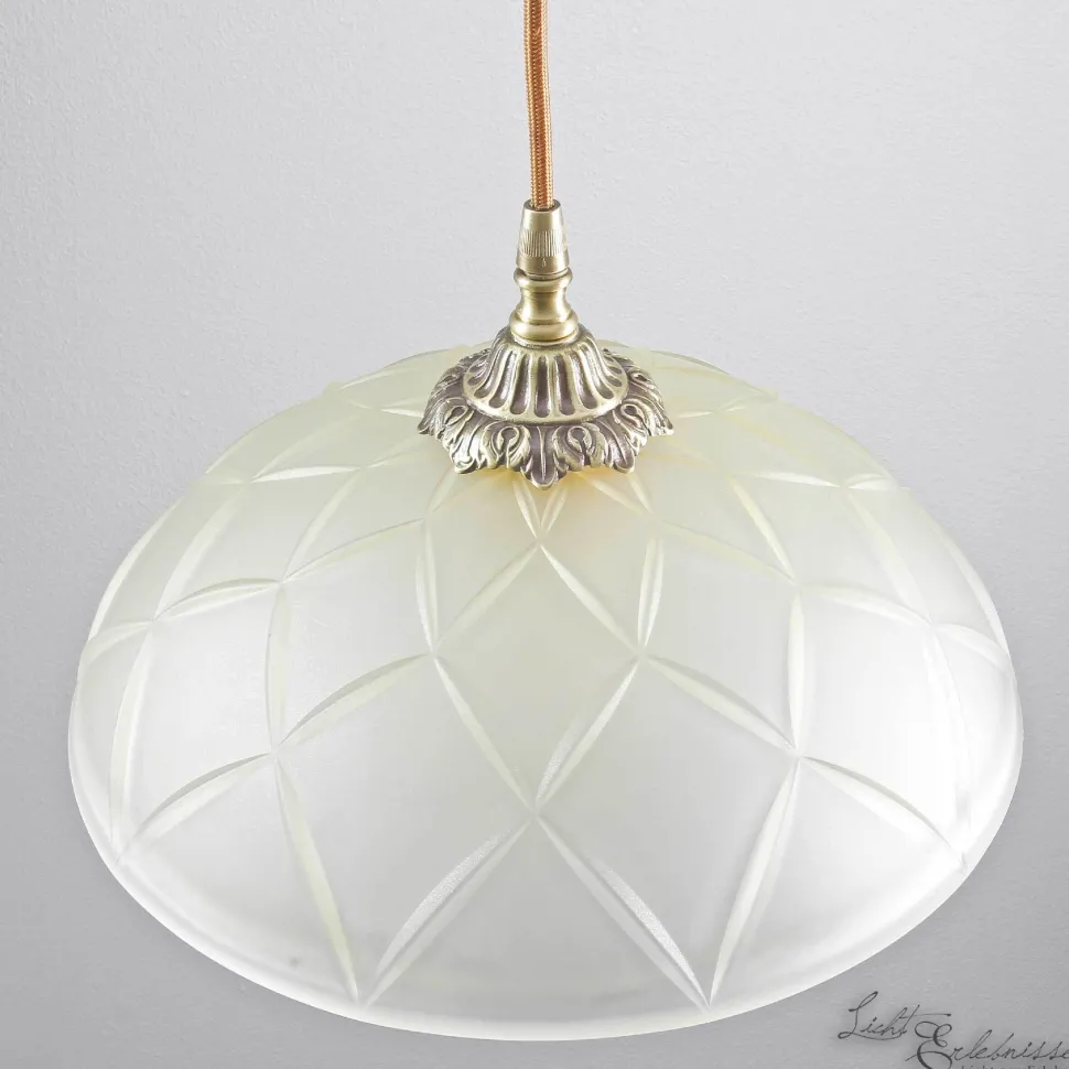 Echt-Messing Hängelampe mit Ornament & Glasschirm