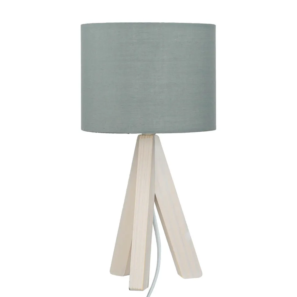 Edle Tischlampe Holz Stoffschirm Grau 31cm Ø17cm