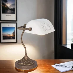 Exklusive Bankerlampe Messing in Bronze Antik Weiß