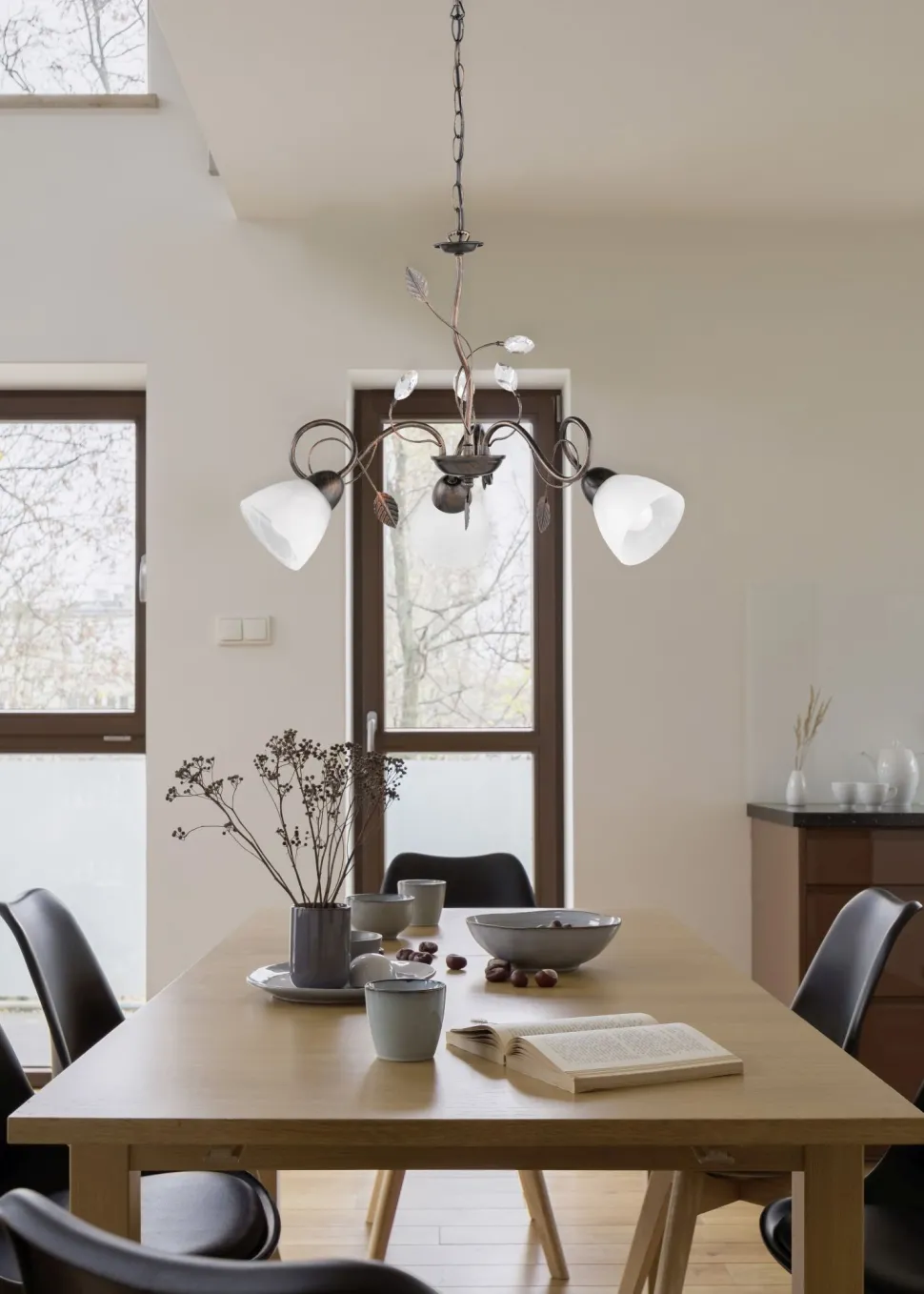 Florale Pendelleuchte Metall Glas B:70 cm Rost Antik