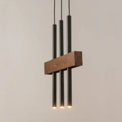 Gemütliche Hängelampe Metall Holz Balken 3-flammig