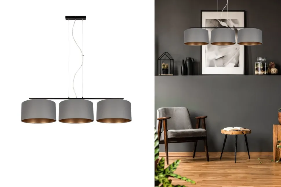 Gemütliche Hängelampe Stoff Grau Gold E27 100 cm lang