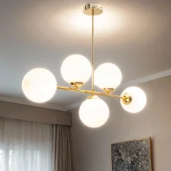 Goldene Deckenleuchte Glaskugeln blendarm 5-flmg Metall