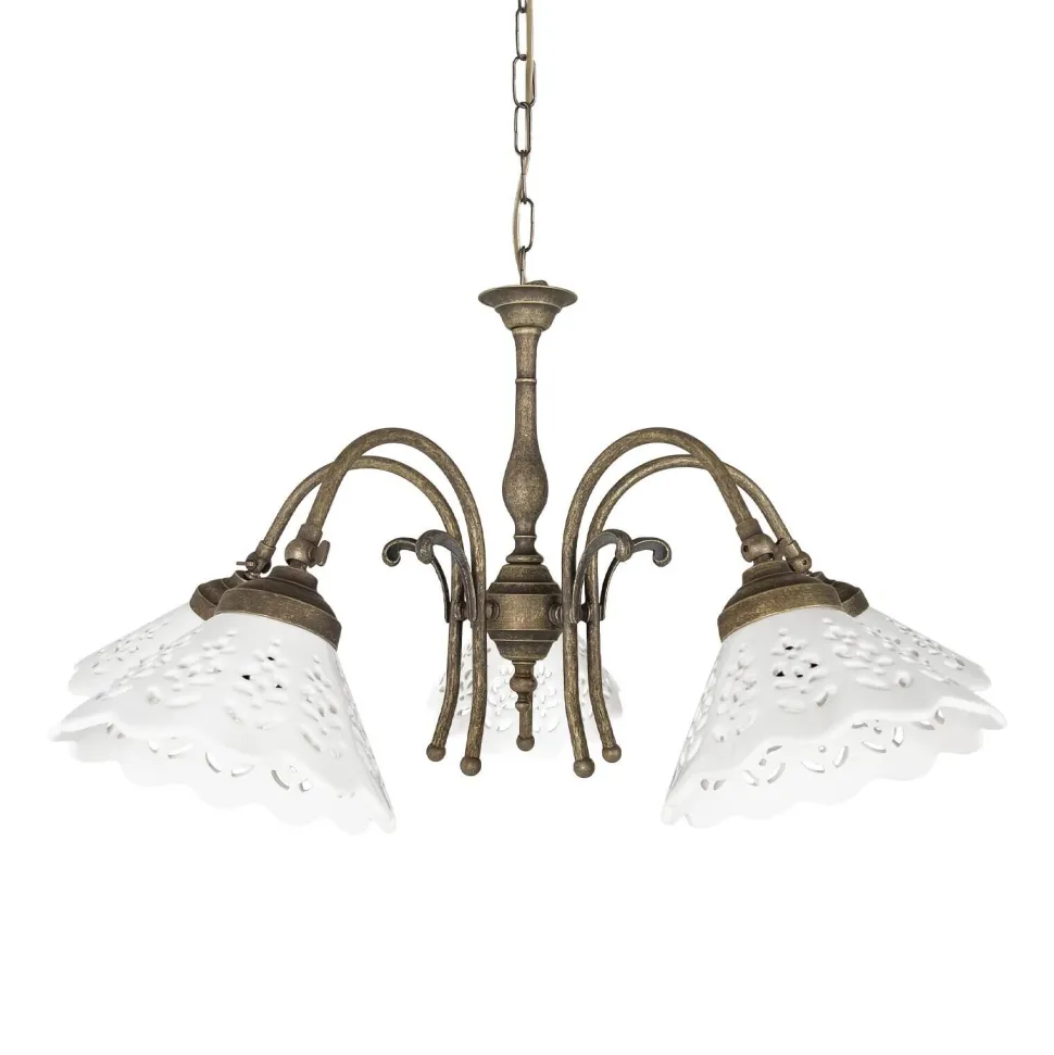 Hängelampe Messing Keramik in Weiß Bronze Antik 5x E27