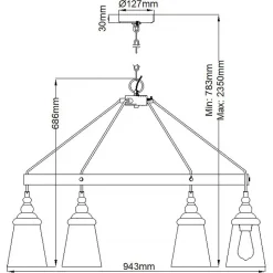 Hängelampe Metall Glas Ø 94,3 cm H: max. 235 cm 6x E27