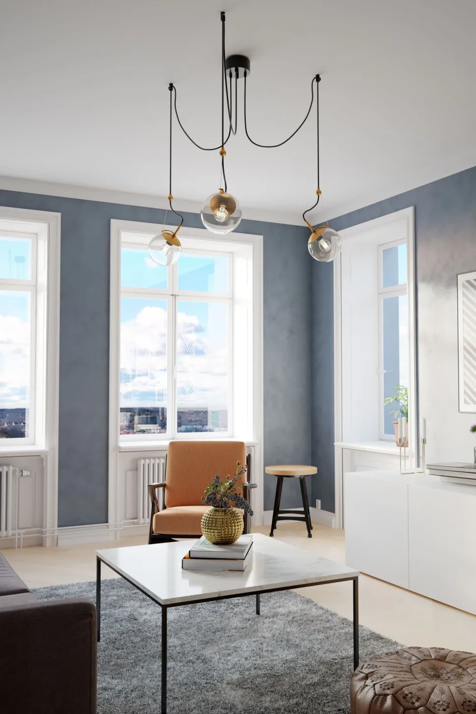 Hängelampe Spider H: max. 200 cm E27 Retro Metall Rauchglas