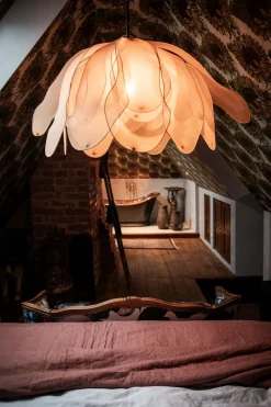 Hängelampe Stoff Metall E27 80 cm breit biegsam Natur