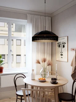 Hängelampe Stoffschirm Fransen D: 60 cm Schwarz Gold E27