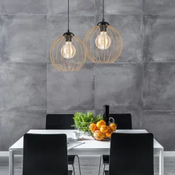 Hängeleuchte 2-flammig E27 in Schwarz Gold Metall Draht