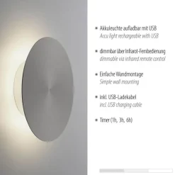 LED Akku Wandlampe Grau dimmbar Fernbedienung Timer 1 W