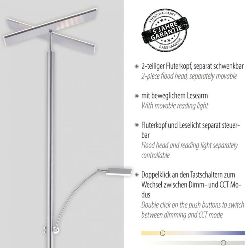 LED Stehlampe dimmbar Leselicht in Stahl Glas 199 cm