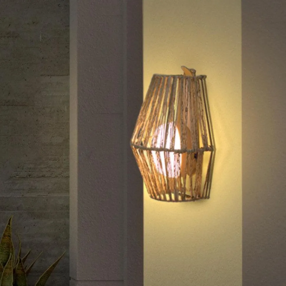 LED Wandlampe kabellos IP54 H: 24,5 cm Rattan außen Dimmer