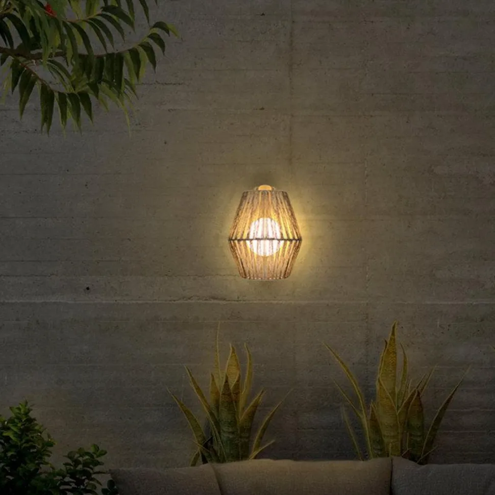 LED Wandlampe kabellos IP54 H: 24,5 cm Rattan außen Dimmer