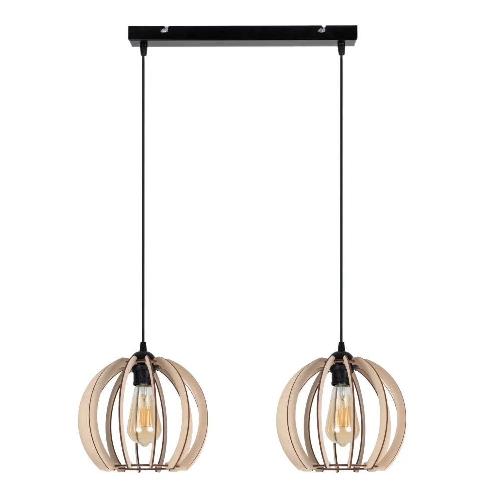 Längliche Hängelampe Holz Metall E27 2-flammig L:60 cm