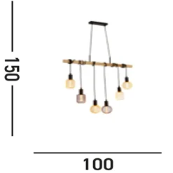 Natürliche Hängelampe Holz E27 100 cm 6-flammig Vintage