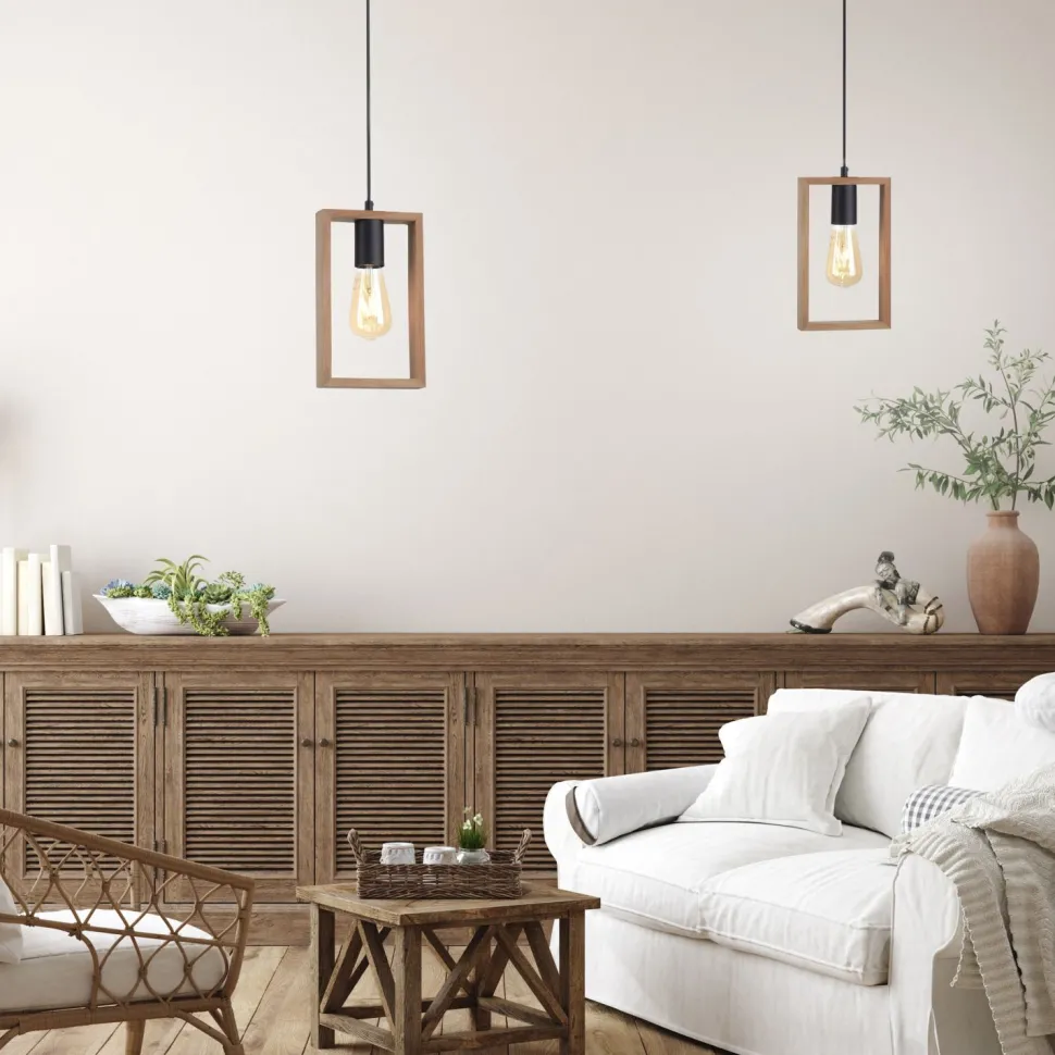 Natürliche Pendelleuchte Holz Metall L:15 cm E27 Retro