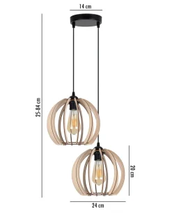 Pendelleuchte Holz Metall Schwarz Kugel E27 2-flammig