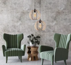 Pendelleuchte Holz Metall Schwarz Kugel E27 2-flammig